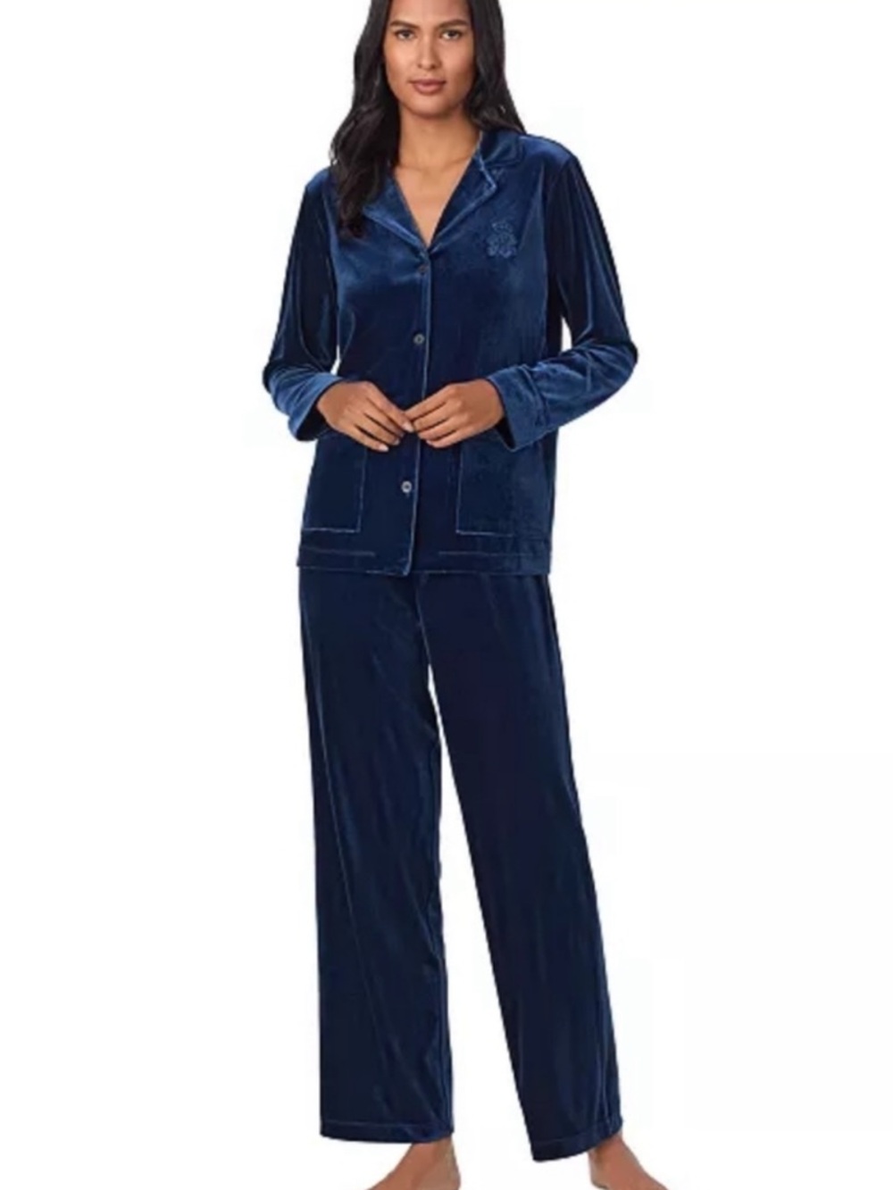 Ralph Lauren Midnight Navy Blue Velour Velvet Pajama 2 piece Set XL EC